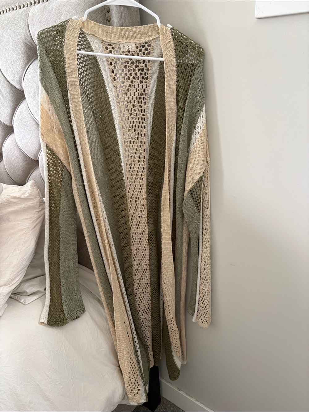 POL Open-Knit Striped Long Cardigan in Olive & Cream